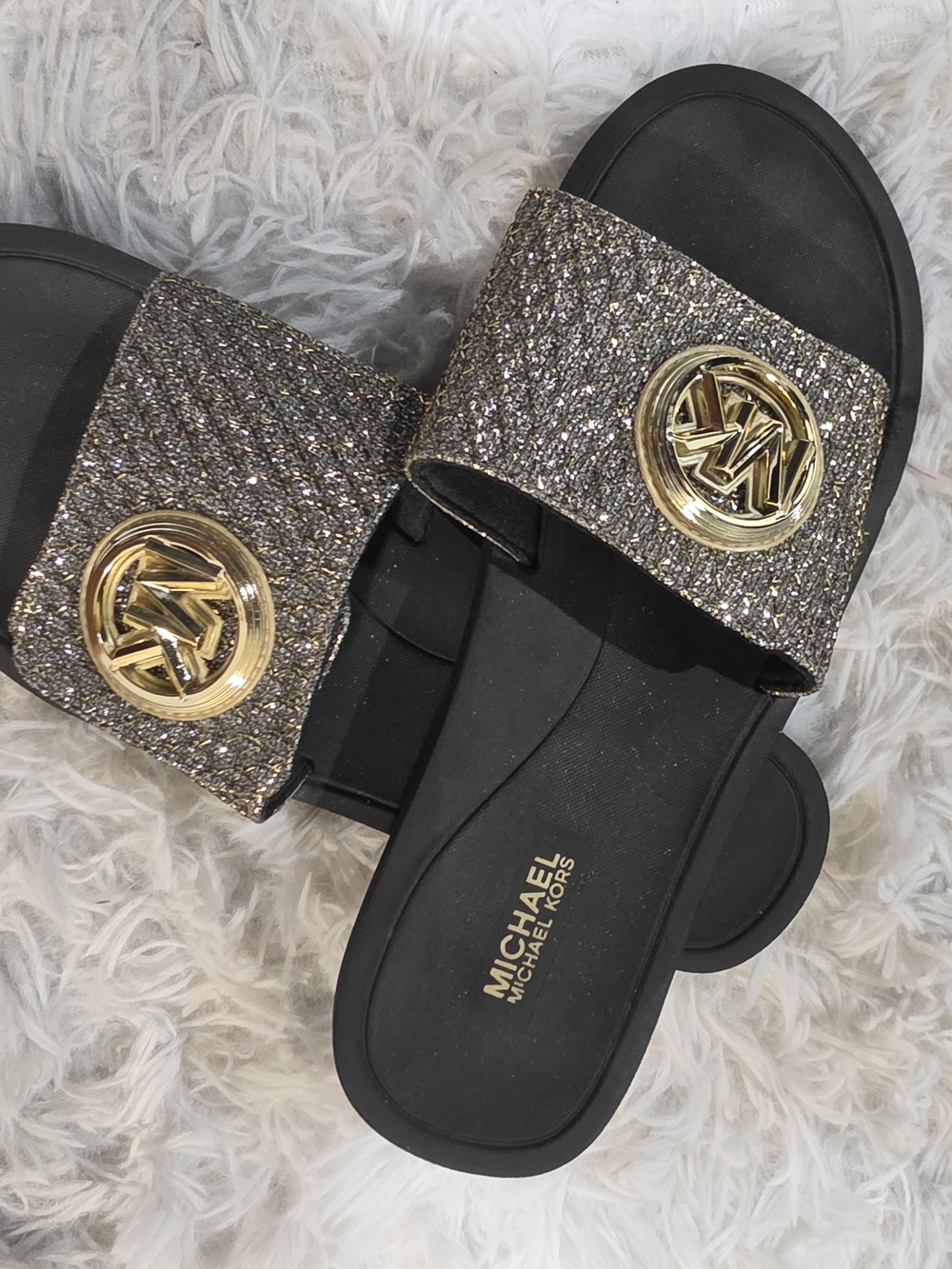 Michael Kors Gold Glitter Slide Sandals with Black Footbed